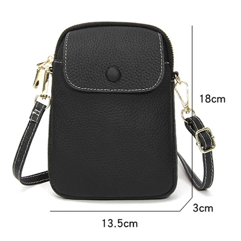 S9925 Cellphone Holder Small Crossbody Bag Top Layer Cowhide Leather Shoulder Bag - Black - 6