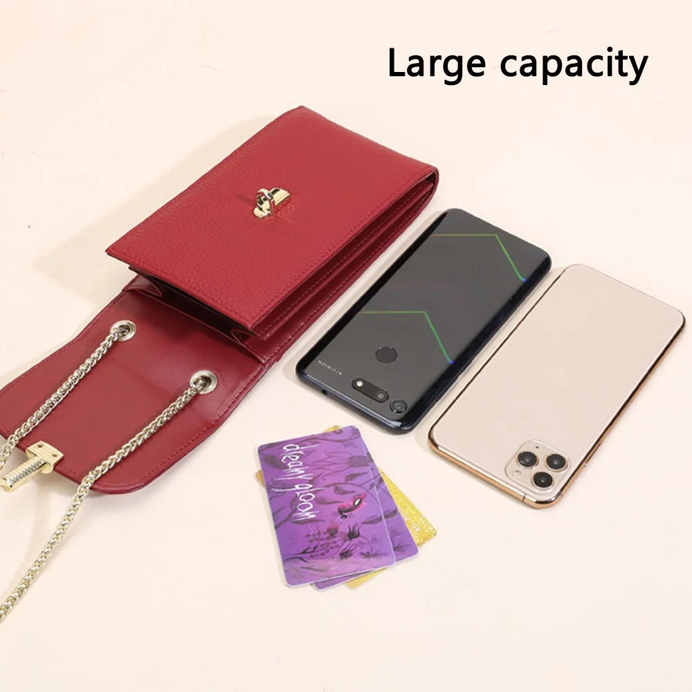 GL-16 Card Holder Small Crossbody Bag Top Layer Cowhide Leather Cellphone Pouch with Chain Strap - Wine Red - 2