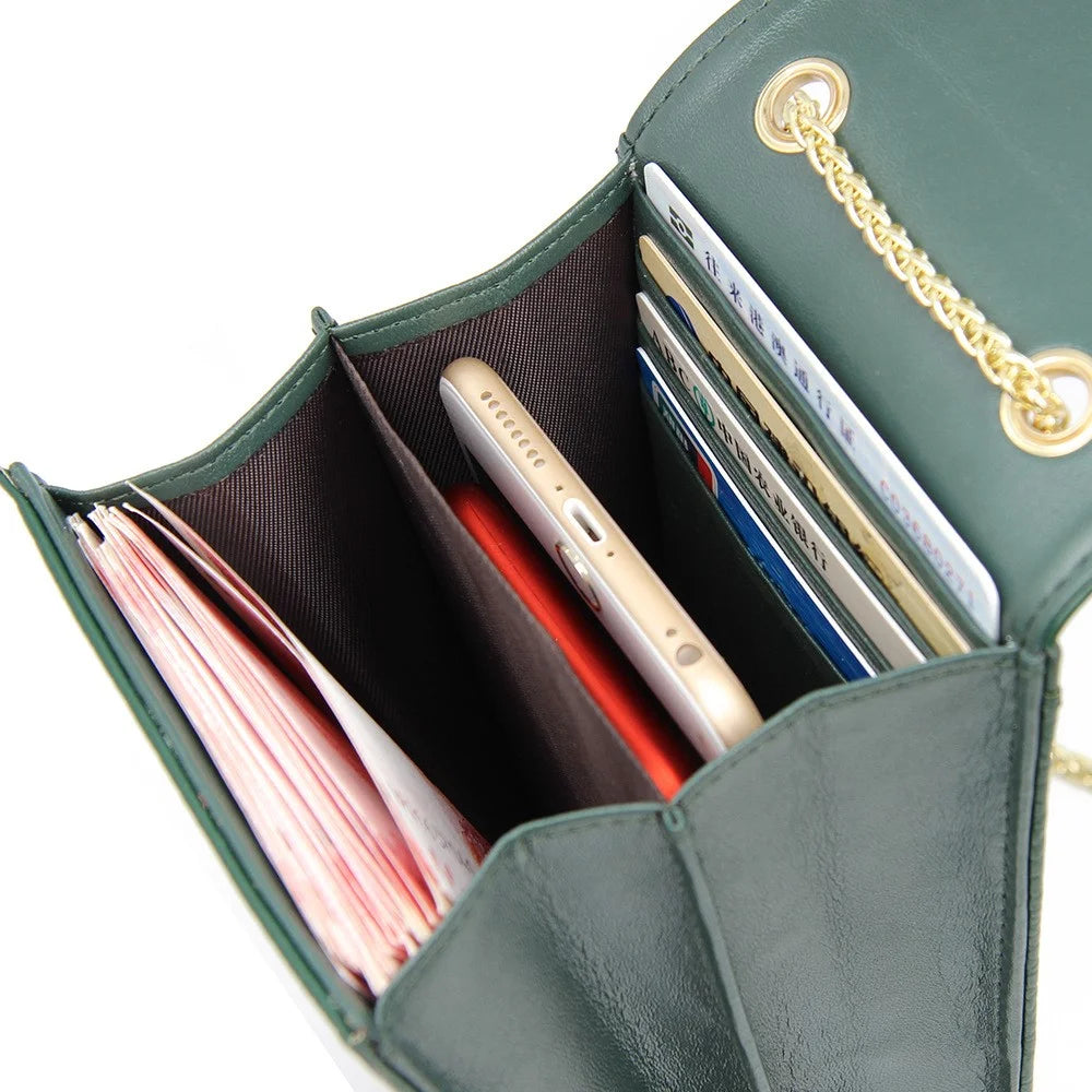 GL-16 Card Holder Small Crossbody Bag Top Layer Cowhide Leather Cellphone Pouch with Chain Strap - Wine Red - 5