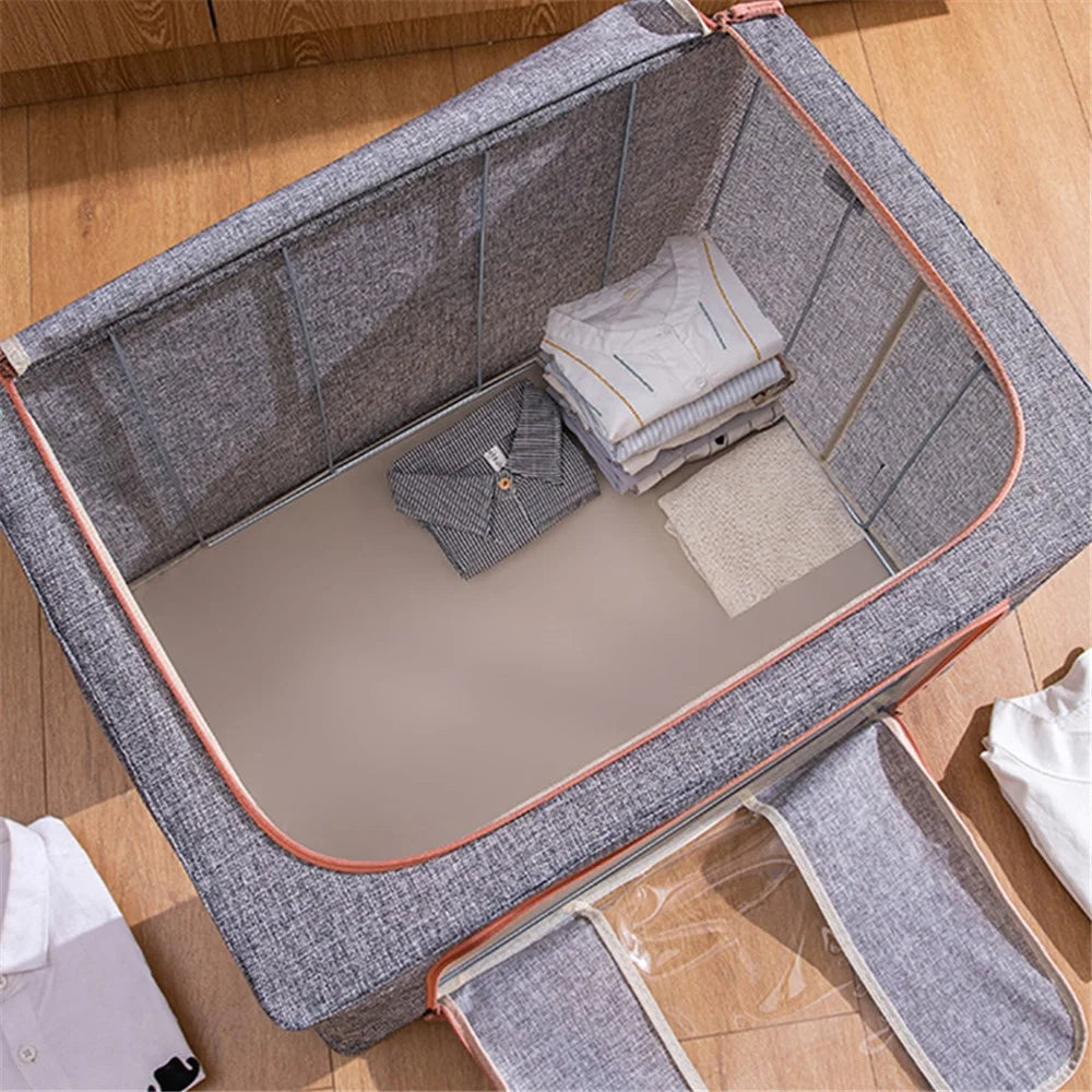 24L 40x30x20cm Linen Cloth Storage Box Foldable Clothes Bin with Dual Clear Window - Sky Blue - 3