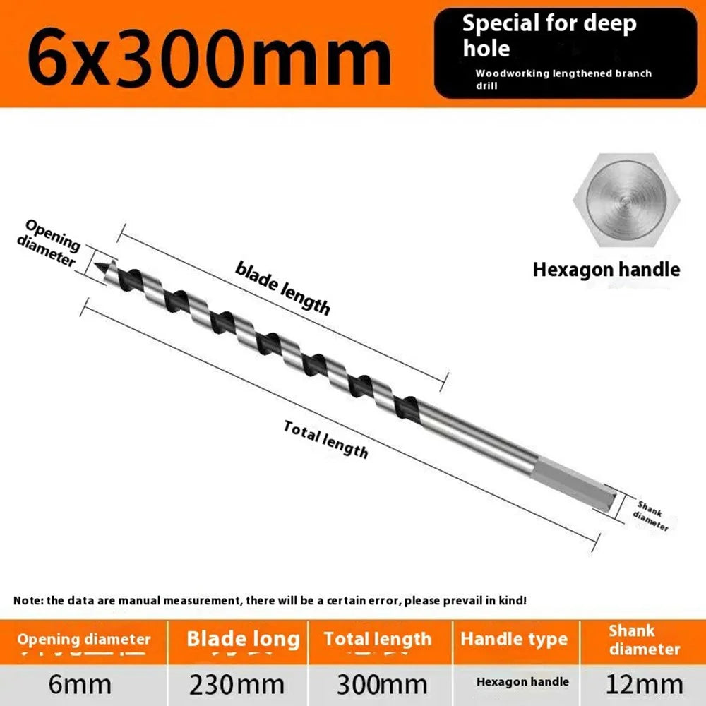 6x300mm Deep Hole Extended Auger Drill Bit Woodworking Hex Shank Bit for Electric Drill / Bench Drill - 6