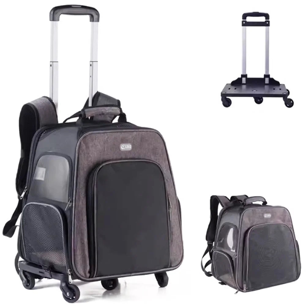 LDLC QS-052 Foldable Trolley Rod Design Pet Bag Breathable Dog Cat Backpack Scalable Outdoor Travel Pet Gift Carrier - Light Grey - 1