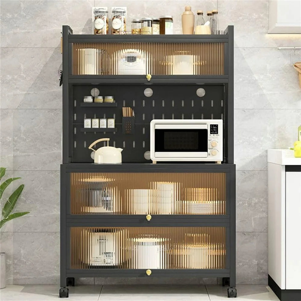 80×42×160cm 5-Tier Carbon Steel Kitchen Storage Cabinet with Doors and Wheels Dish Storage Organizer for Microwave Oven - Dark Grey - 4