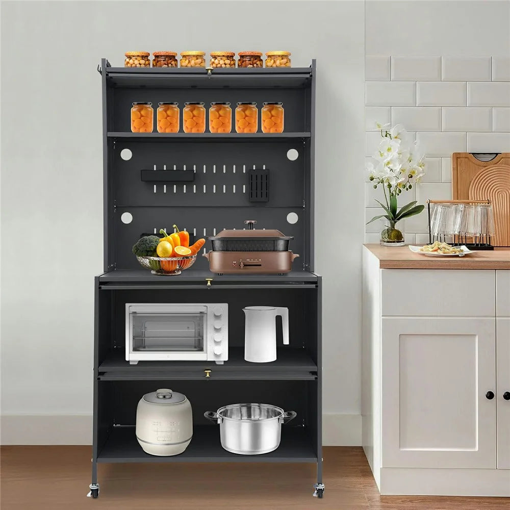 80×42×160cm 5-Tier Carbon Steel Kitchen Storage Cabinet with Doors and Wheels Dish Storage Organizer for Microwave Oven - Dark Grey - 5