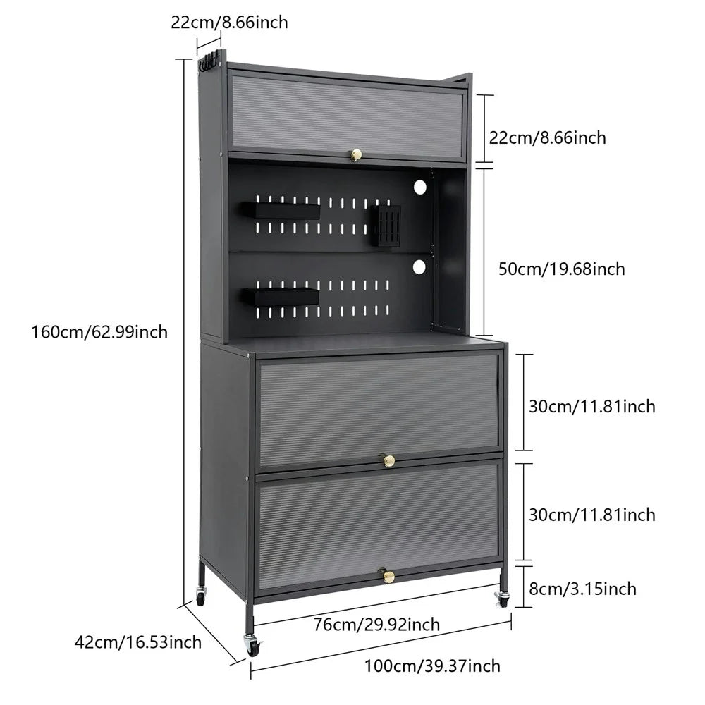 100×42×160cm 5-Tier Carbon Steel Kitchen Storage Cabinet with Doors and Wheels Dish Storage Organizer for Microwave Oven - Black - 7