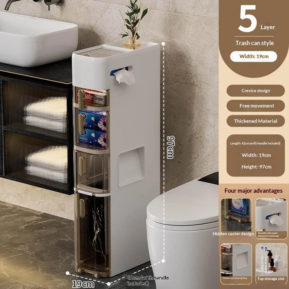 5-Tier Bathroom Storage Cabinet Slim Toilet Paper Holder with Trash Can Drawer Organizer with Wheels - 4