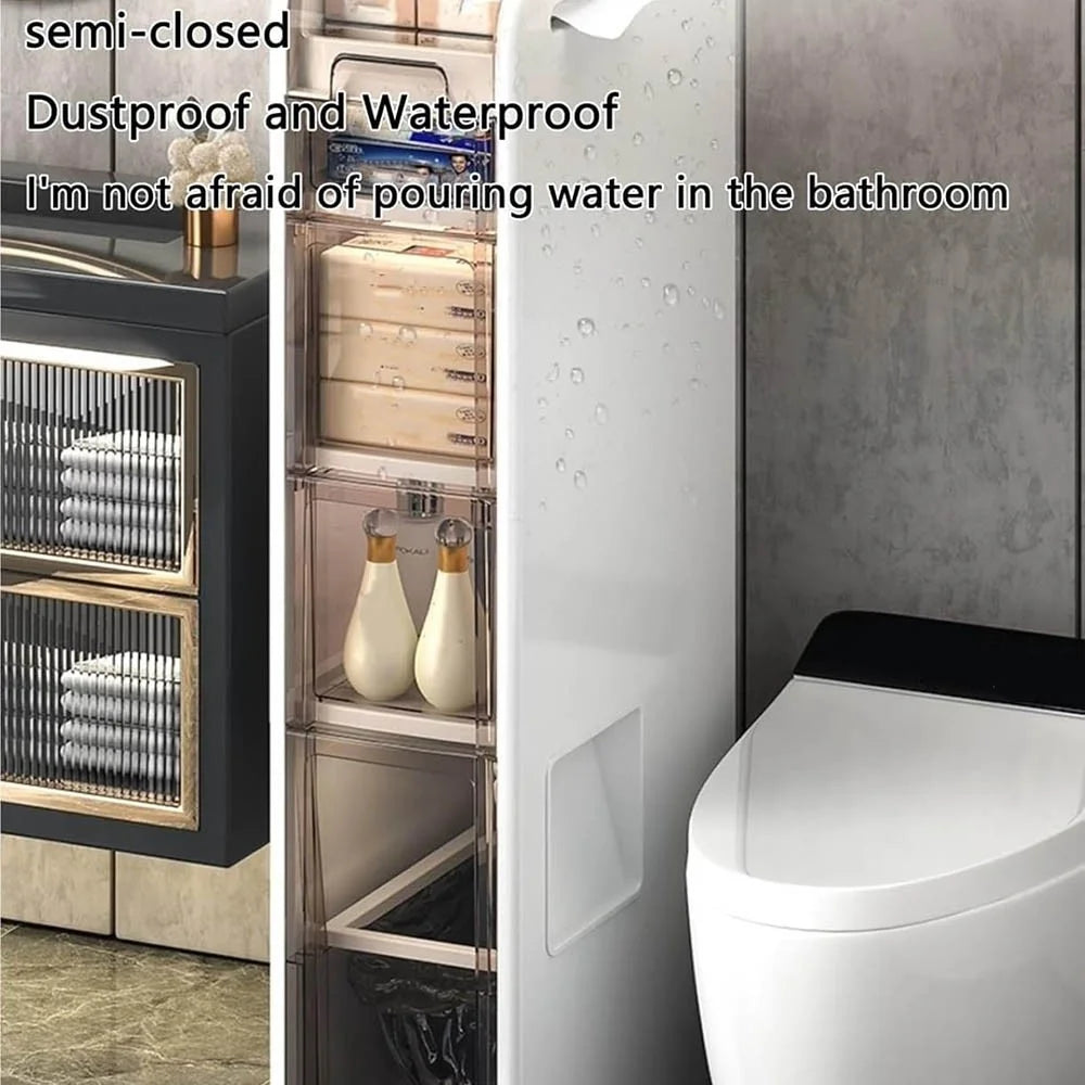 5-Tier Slim Bathroom Storage Cabinet Toilet Paper Towel Organizer with Wheels Trash Can Drawer - 2