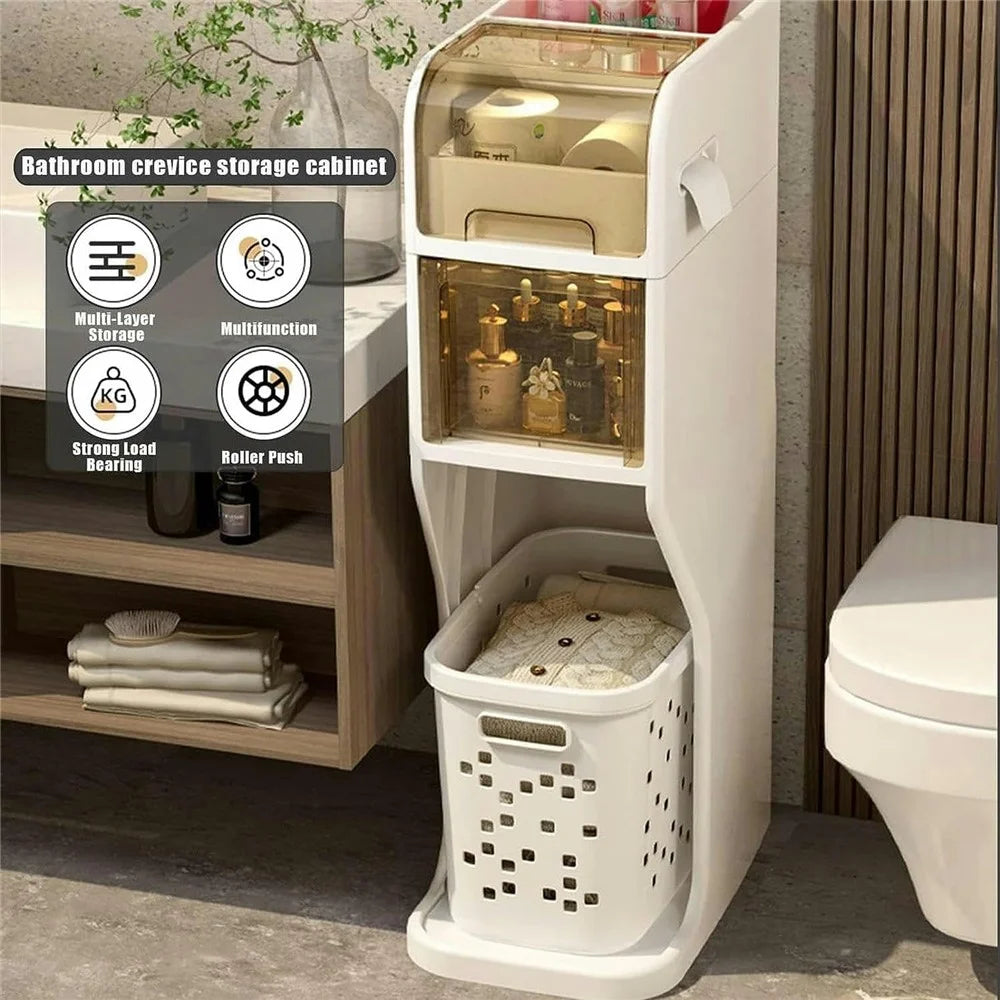 3 Tier Bathroom Storage Cabinet Slim Rolling Organizer for Toilet Paper Toiletries Laundry Basket - 2