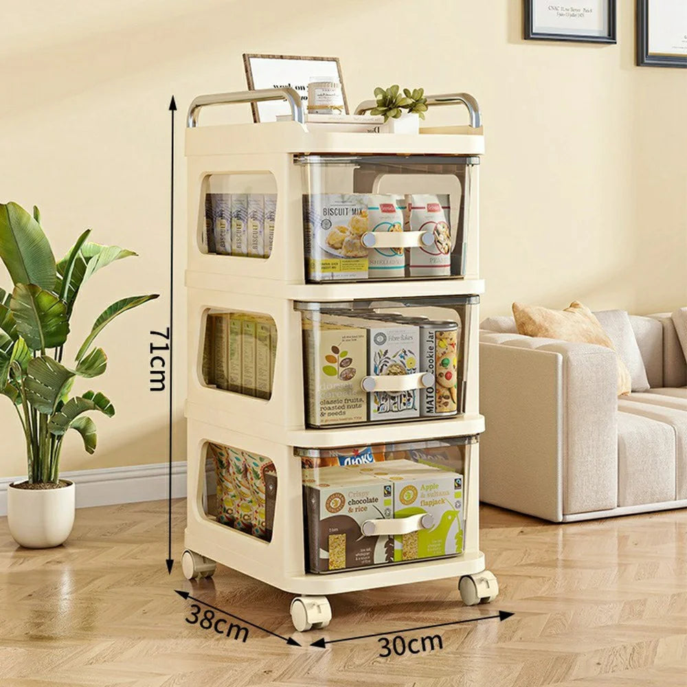 38x30x71cm 3-Tier Mobile Storage Cart Cabinet Multi Layer Rolling Trolley Transparent Drawers Kitchen Living Room Organizer - 6