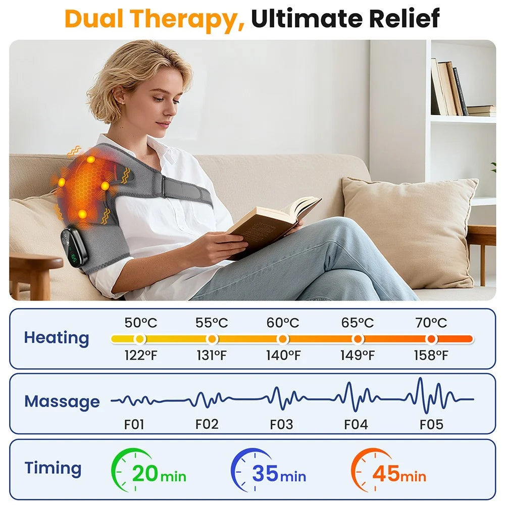 Shoulder Massager 4 Motors 5 Speed Vibration Wireless Rechargeable Heat Therapy Pad - Grey - 6