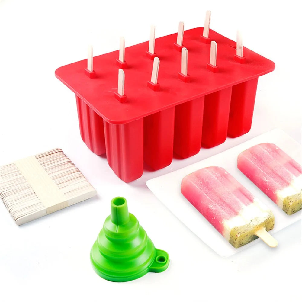 10-Grid Silicone Ice Lolly Mold Tray BPA Free DIY Mould with 50 Wooden Sticks (without FDA Certificate) - Red - 1