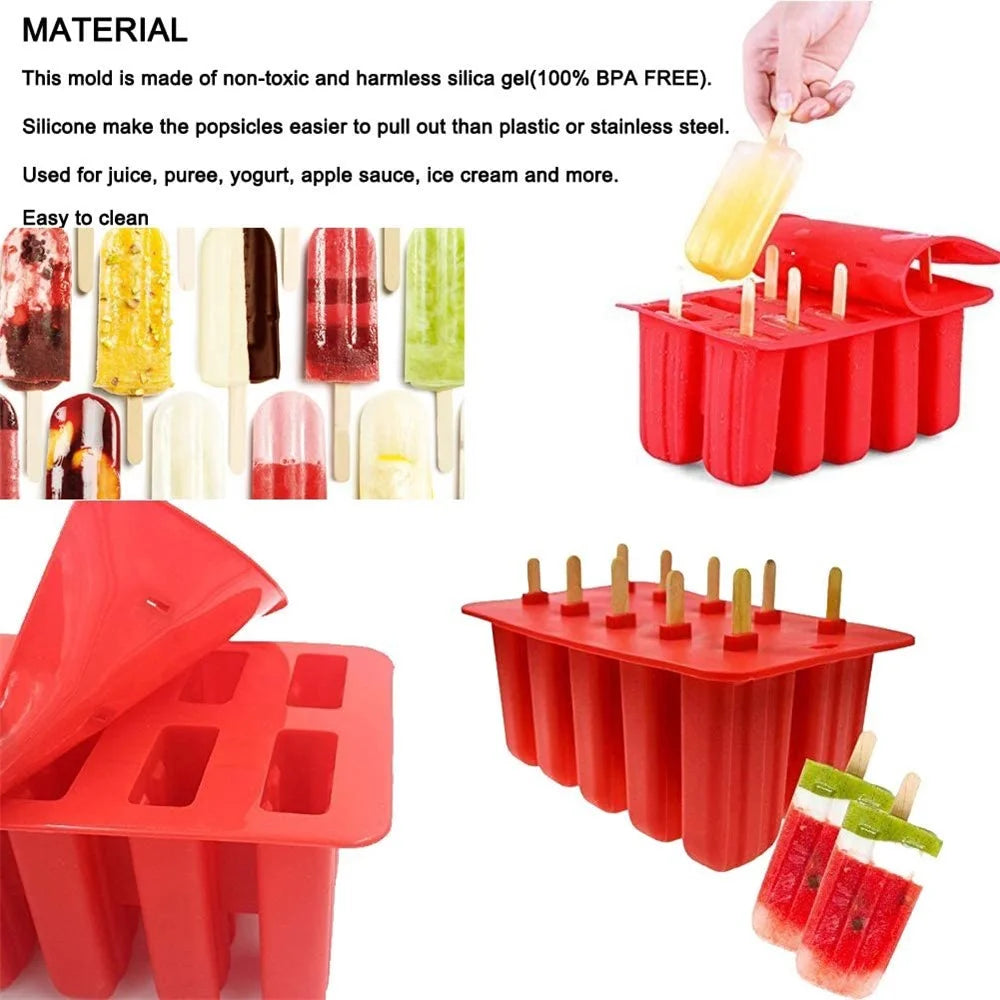 10-Grid Silicone Ice Lolly Mold Tray BPA Free DIY Mould with 50 Wooden Sticks (without FDA Certificate) - Red - 3
