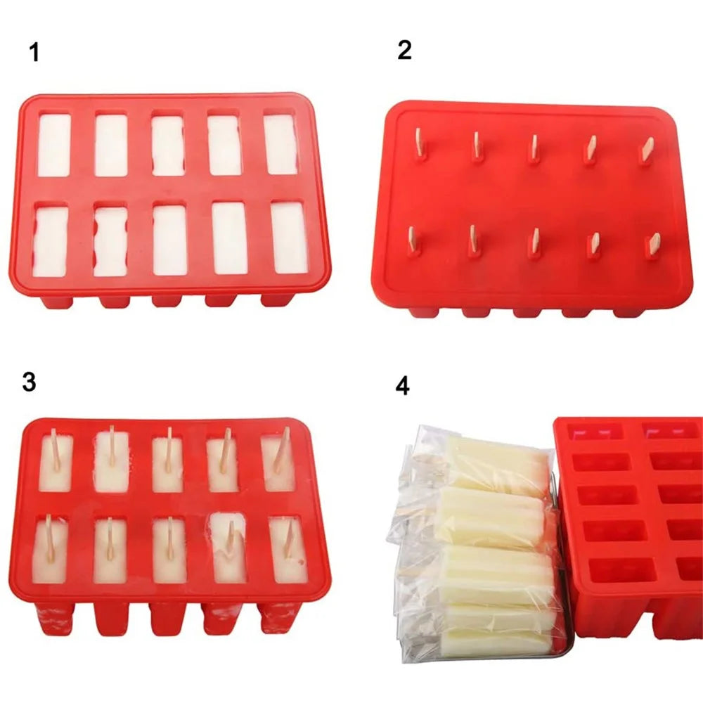 10-Grid Silicone Ice Lolly Mold Tray BPA Free DIY Mould with 50 Wooden Sticks (without FDA Certificate) - Red - 4