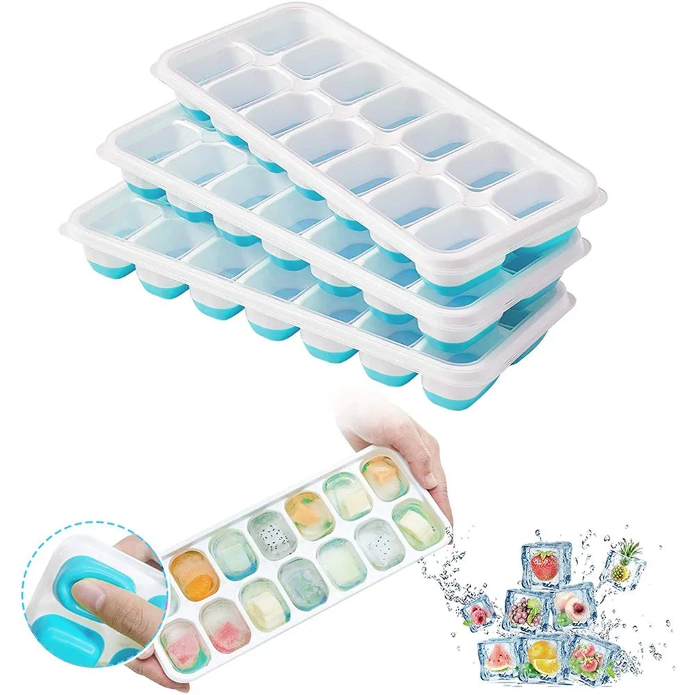 4Pcs 14-Grid Ice Cube Tray Easy-Release Bottom Silicone + Plastic Mold with Spill-Resistant Removable Lid for Cocktail Beer (LFGB Certified and BPA Free) - Blue - 7