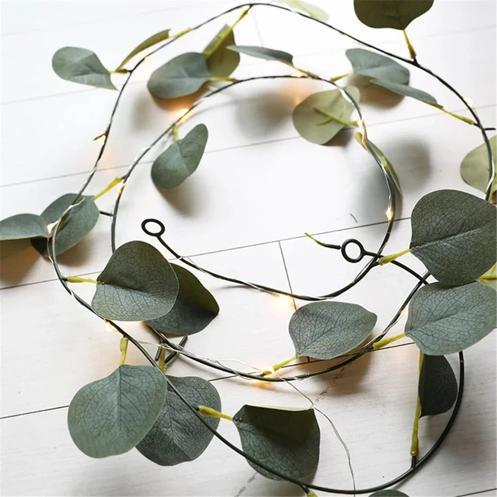 2m 20 LED Wedding Home Green Leaf Light String Simulation Eucalyptus Rattan Decorative Copper Wire Lamp - 1