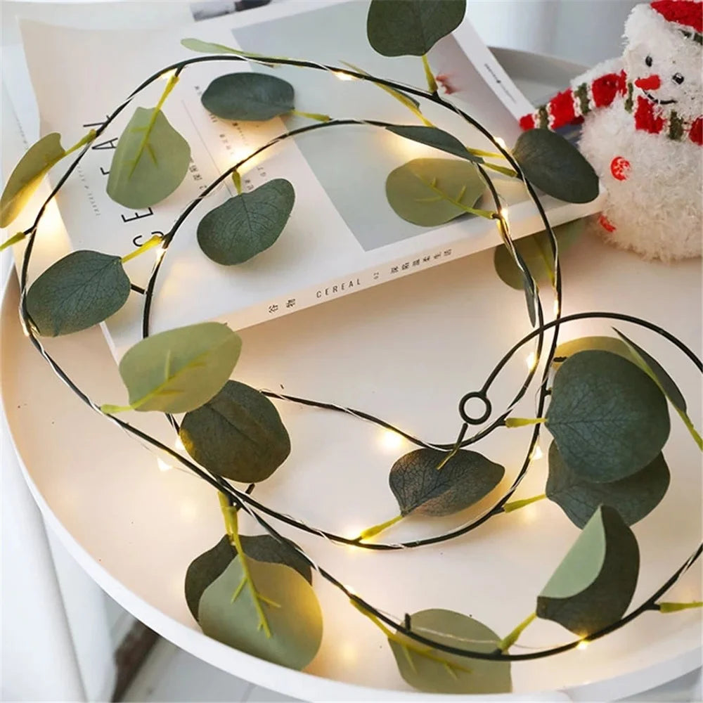 2m 20 LED Wedding Home Green Leaf Light String Simulation Eucalyptus Rattan Decorative Copper Wire Lamp - 6