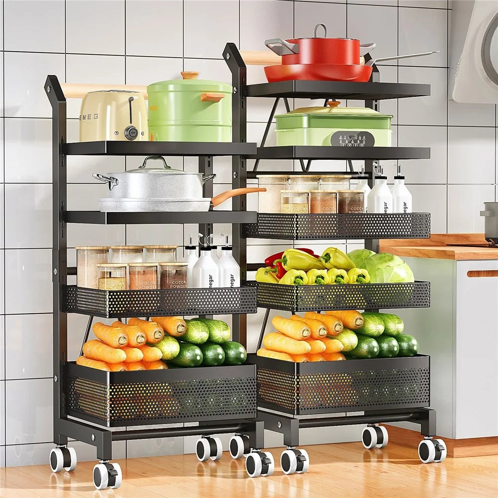 006-ZWJ-6866-5 5-Tier Utility Cart Adjustable Kitchen Storage and Organizer Cart with Lockable Wheels for Vegetables, Cruet, Pot - Black - 3