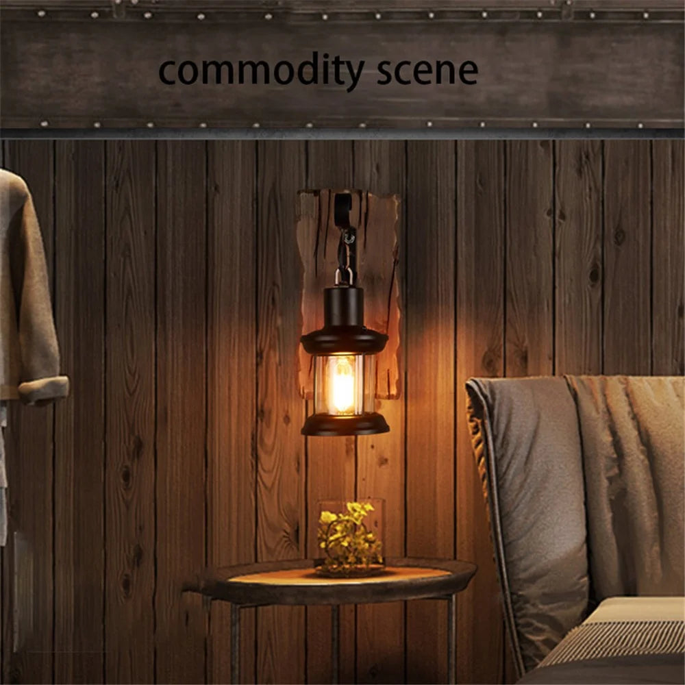 Vintage Wall Light Wood Arts Lantern Wall Mounted Hanging Light Holder (Bulb Not Included) for Home Cafe Bar Bedroom Decoration - 2