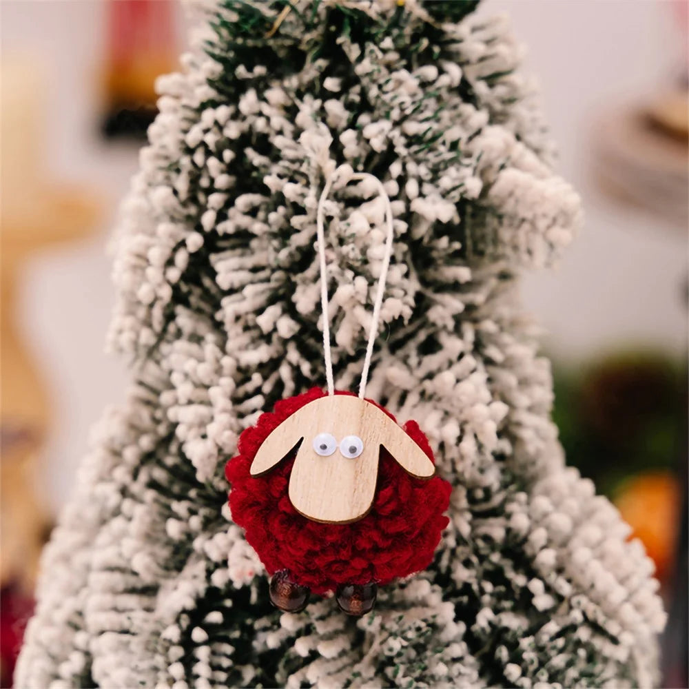 Christmas Tree Pendants Wooden Lamb Sheep Fleece Hanging Ornament Gift Xmas Tree Decoration - Red - 3