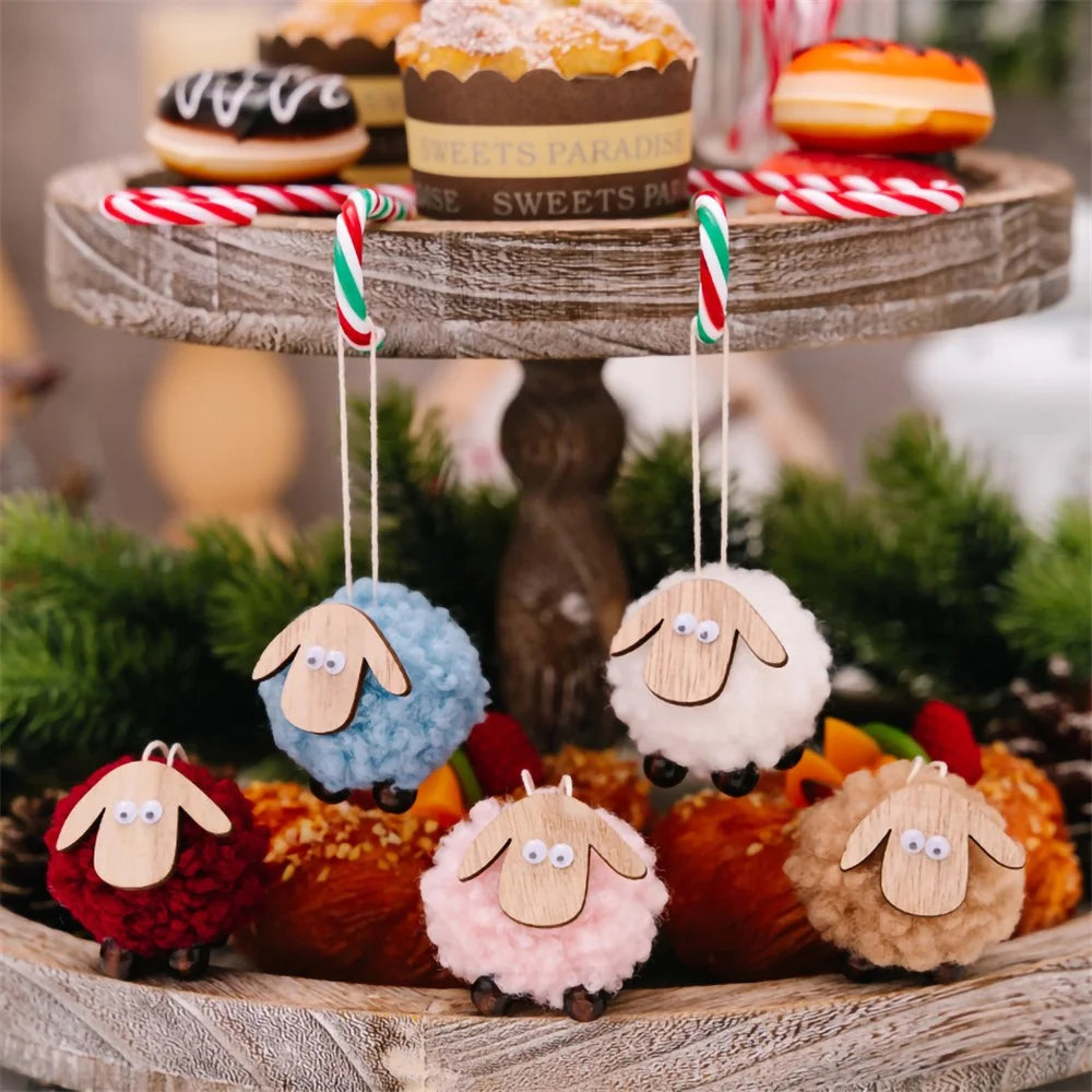 Christmas Tree Pendants Wooden Lamb Sheep Fleece Hanging Ornament Gift Xmas Tree Decoration - Red - 4