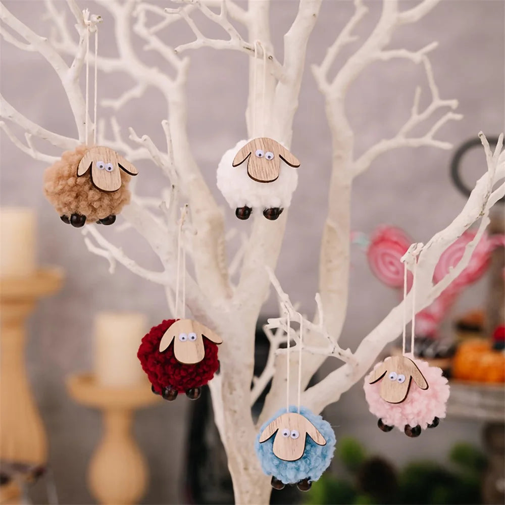 Christmas Tree Pendants Wooden Lamb Sheep Fleece Hanging Ornament Gift Xmas Tree Decoration - Red - 5
