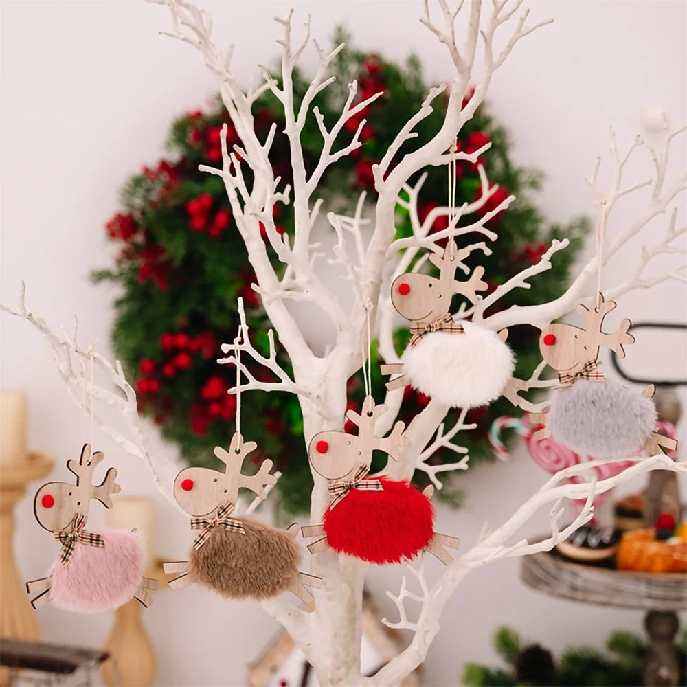 Christmas Elk Hanging Ornament Gifts Wooden Reindeer Plush Pendants Christmas Tree Decor - Red - 4