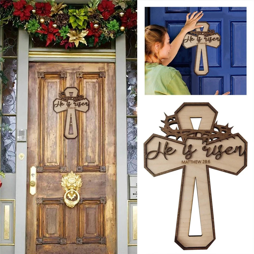 Easter Cross Design Door Hanger Ornament Wooden Sign Front Porch Decor - 3