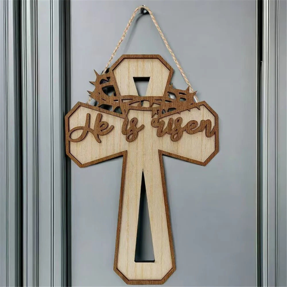 Easter Cross Design Door Hanger Ornament Wooden Sign Front Porch Decor - 7