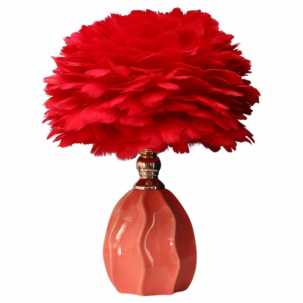 Feather Decorative Table Lamp Ceramic Base Bedside Mood Light E27 3 Color Modes EU Plug - Pink / Red - 1