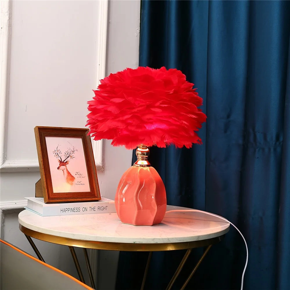 Feather Decorative Table Lamp Ceramic Base Bedside Mood Light E27 3 Color Modes EU Plug - Pink / Red - 2