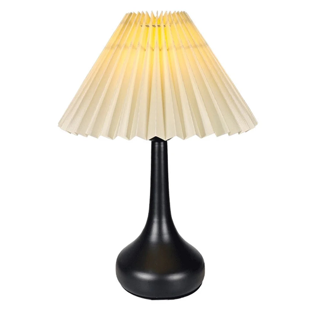 Pleated Table Lamp USB Plug In Warm Light Night Light Eye-Caring Flicker-Free LED Lamp with Metal Base - Beige Lampshade / Black - 1