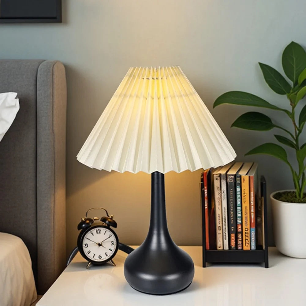Pleated Table Lamp USB Plug In Warm Light Night Light Eye-Caring Flicker-Free LED Lamp with Metal Base - Beige Lampshade / Black - 2