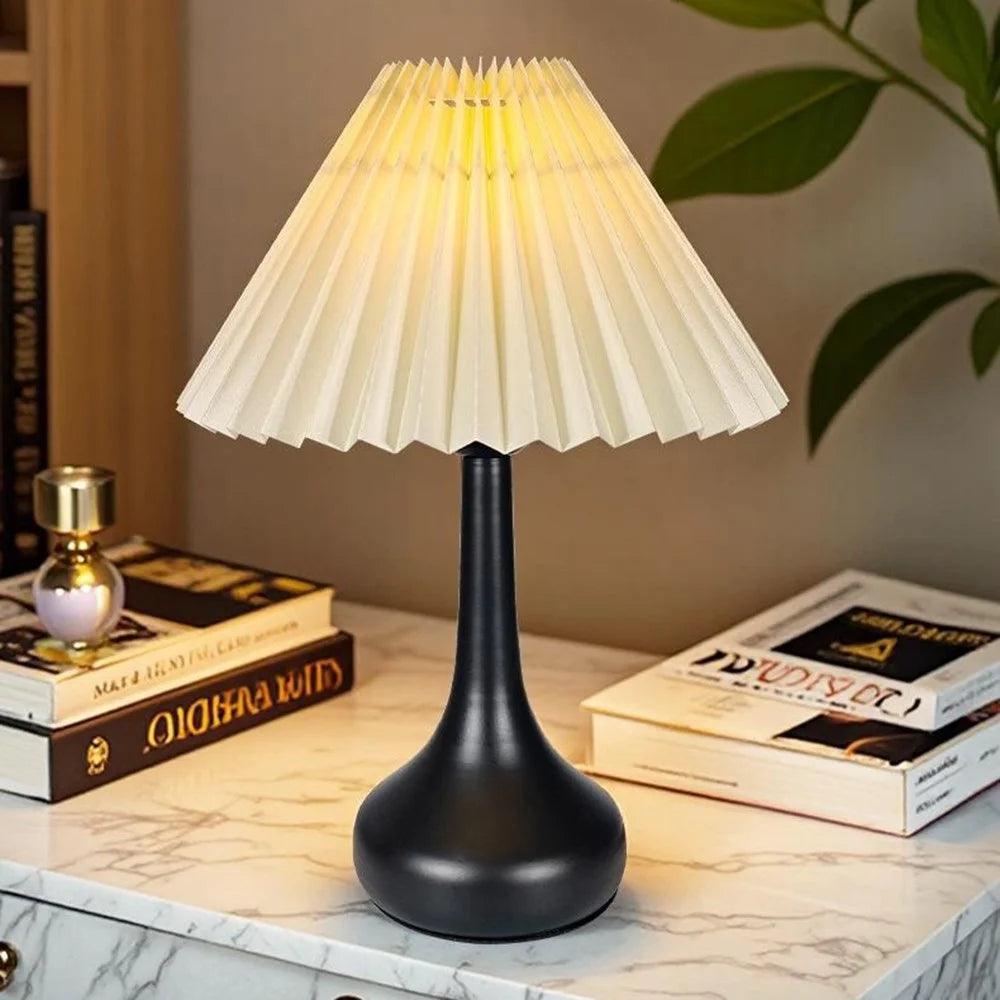 Pleated Table Lamp USB Plug In Warm Light Night Light Eye-Caring Flicker-Free LED Lamp with Metal Base - Beige Lampshade / Black - 3