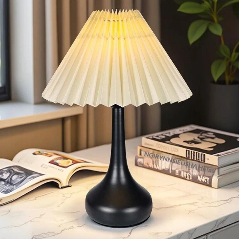 Pleated Table Lamp USB Plug In Warm Light Night Light Eye-Caring Flicker-Free LED Lamp with Metal Base - Beige Lampshade / Black - 4