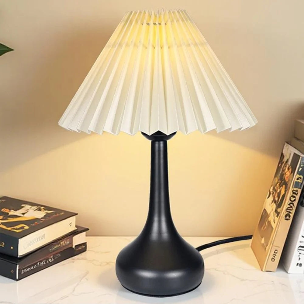 Pleated Table Lamp USB Plug In Warm Light Night Light Eye-Caring Flicker-Free LED Lamp with Metal Base - Beige Lampshade / Black - 5