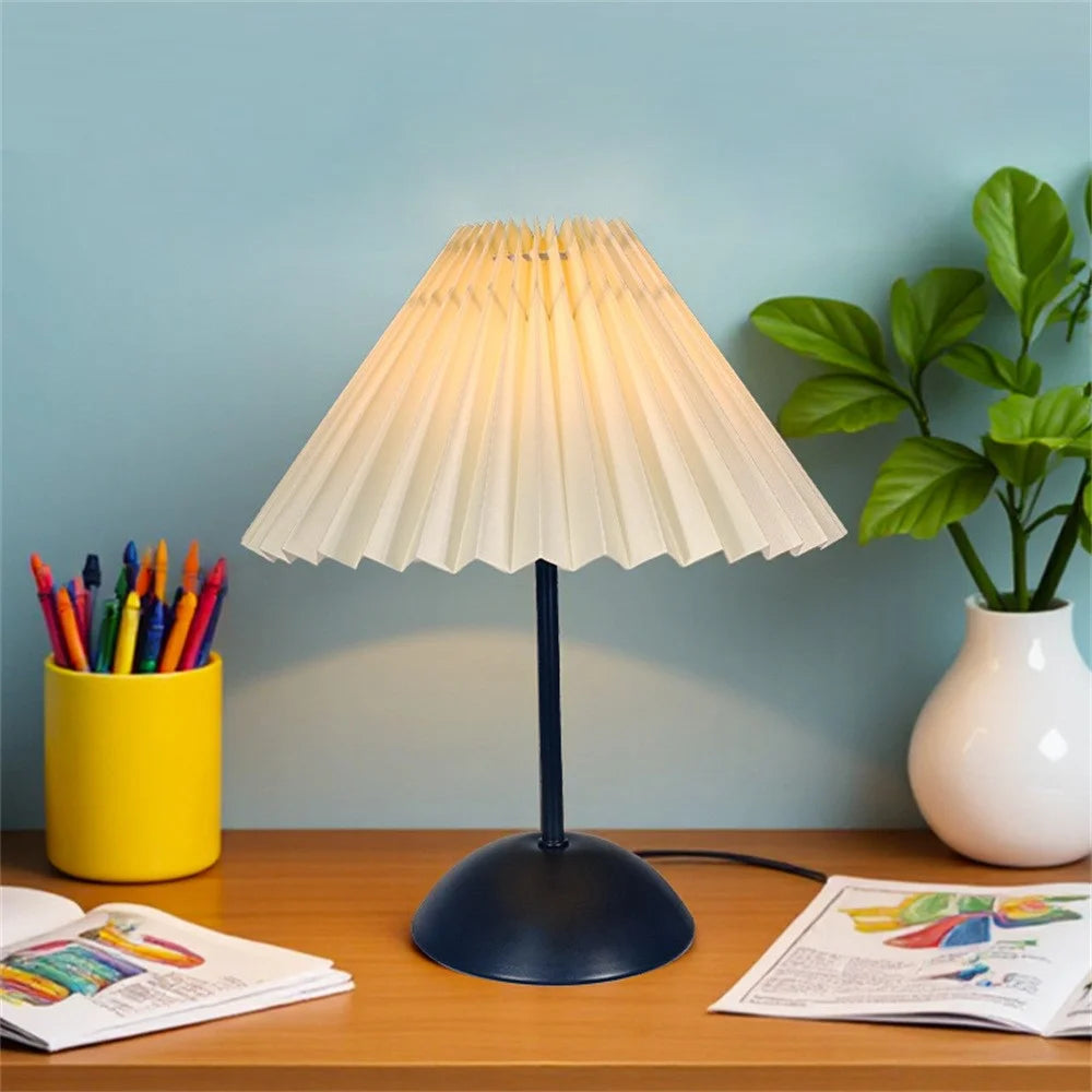 Pleated Table Lamp with 3 Color Modes + Stepless Dimming Metal Base Bedside Light USB Powered Night Light for Bedroom - Beige - 2