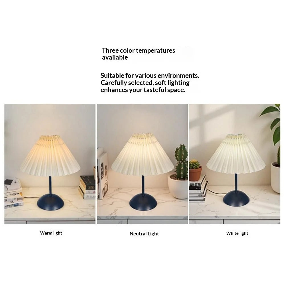 Pleated Table Lamp with 3 Color Modes + Stepless Dimming Metal Base Bedside Light USB Powered Night Light for Bedroom - Beige - 5