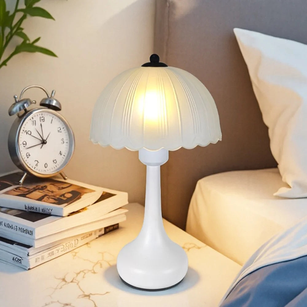 Nordic Style Bedside Table Lamp 12W 3 Brightness Levels Dimmable Night Light Glass Petal Design for Bedroom / Study, EU Plug - White - 1