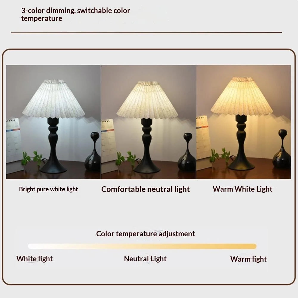 Nordic 7W Table Lamp 3 Color Dimmable Pleated Lamp Flicker-Free Eye-Care Night Light with Iron Base for Bedroom, EU Plug - Floral Print Lampshade - 4