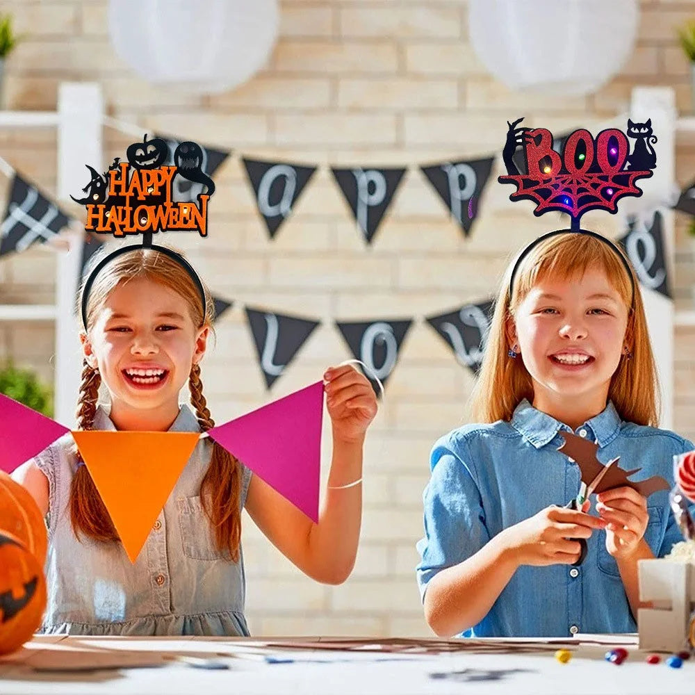 2Pcs / Set LED Light Halloween Hair Hoop Spider Web Pumpkin Glowing Headband Party Costume - Yellow Cobweb - 3