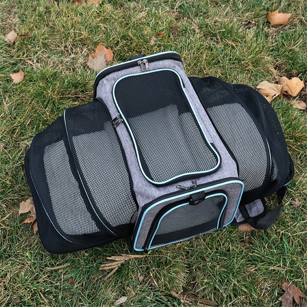 Portable Pet Carrier with Shoulder Strap Large Capacity Travel Expandable Tote Bag for Cats Dogs Gift, Size M - Grey+Blue - 2