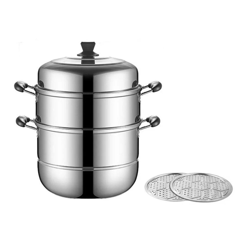Stainless Steel 3-Tier Steamer Pot 36cm Steaming Pot Cookware with 2PCS Steaming Trays for Induction / Gas Stove - 1