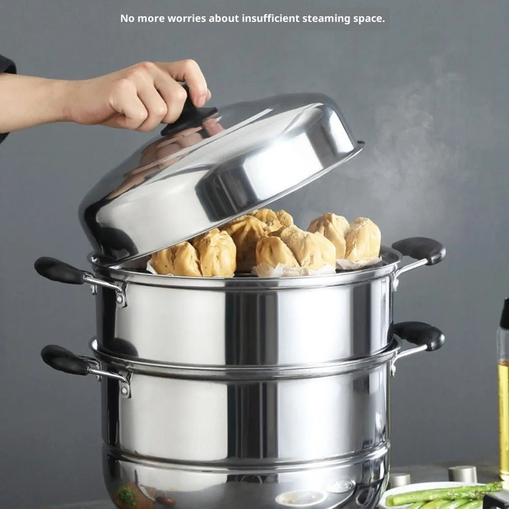 Stainless Steel 3-Tier Steamer Pot 36cm Steaming Pot Cookware with 2PCS Steaming Trays for Induction / Gas Stove - 3