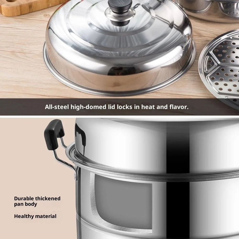 Stainless Steel 3-Tier Steamer Pot 36cm Steaming Pot Cookware with 2PCS Steaming Trays for Induction / Gas Stove - 4