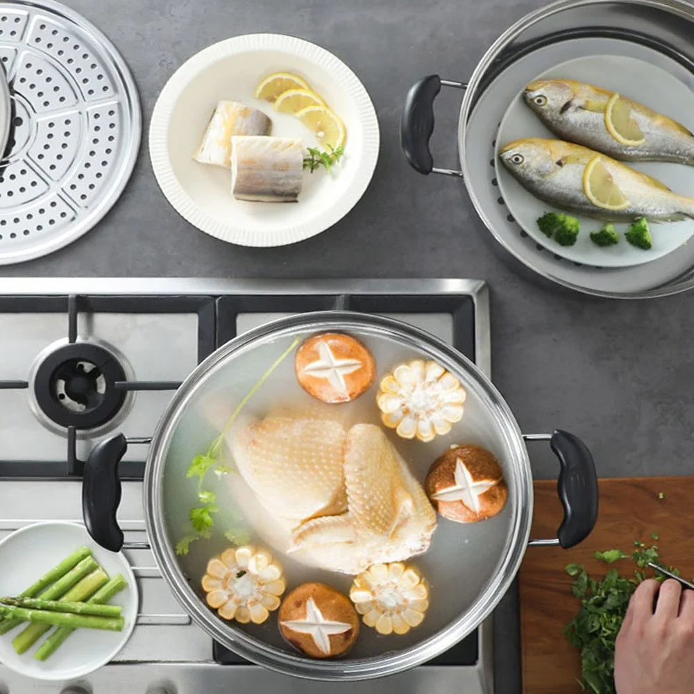 Stainless Steel 3-Tier Steamer Pot 36cm Steaming Pot Cookware with 2PCS Steaming Trays for Induction / Gas Stove - 5