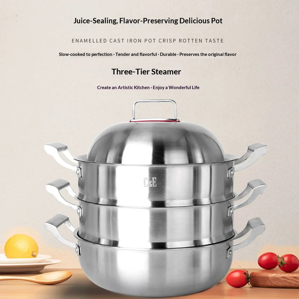 C&E 28cm 3-Tier Steamer Pot 304 Stainless Steel Multi-Functional Soup Stockpot for Home Cooking (BPA Free, No FDA) - Silver - 2