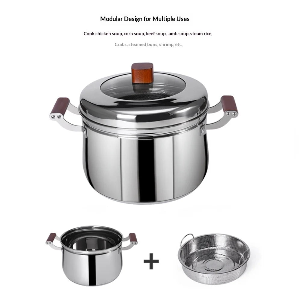 C&E 24cm Steamer Pot 304 Stainless Steel Composite Base Low-Sugar Rice Cooker with Beech Wood Handle (BPA Free, No FDA) - Silver - 2