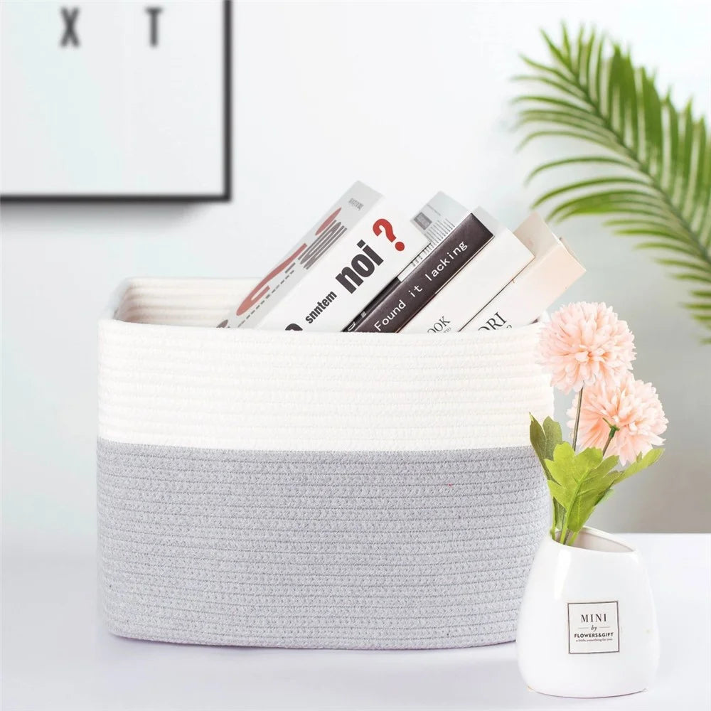 AB-085 Cotton Rope Storage Basket for Toys Magazine Dual Handle Sundries Organizer Basket - White+Light Grey - 2