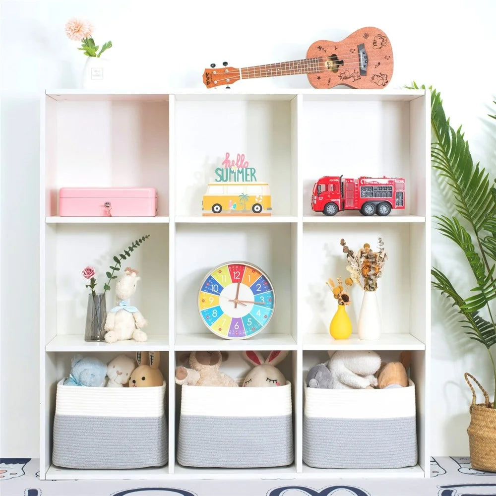 AB-085 Cotton Rope Storage Basket for Toys Magazine Dual Handle Sundries Organizer Basket - White+Light Grey - 4