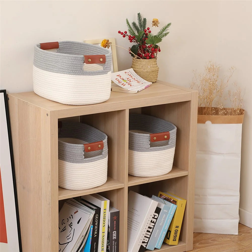 AB-028 Home Decoration Books Storage Bin Storage Box Woven Cotton Rope Basket Organizer for Toys, Magazines - White+Grey - 2